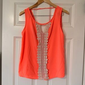 Francesca's Bright Coral Tank with Cream Lace Trim